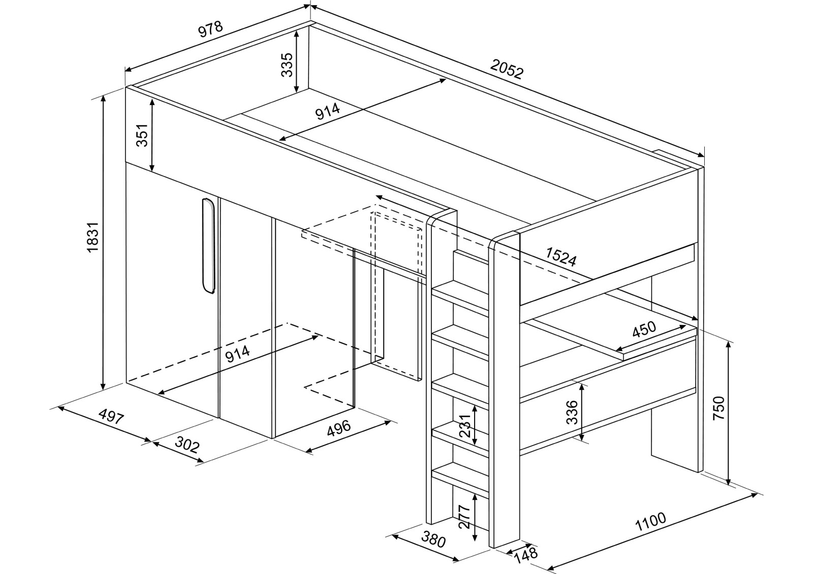Studio highsleeper bed with wardrobe RS - Bo9