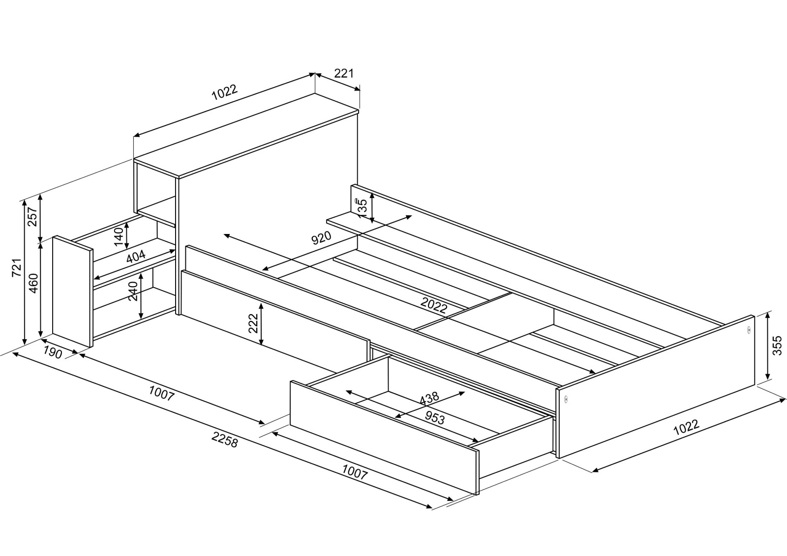 Single bed 90x200cm with bedside and drawers. Jazz