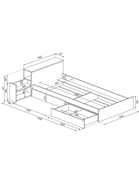 Single bed 90x200cm with bedside and drawers. Jazz