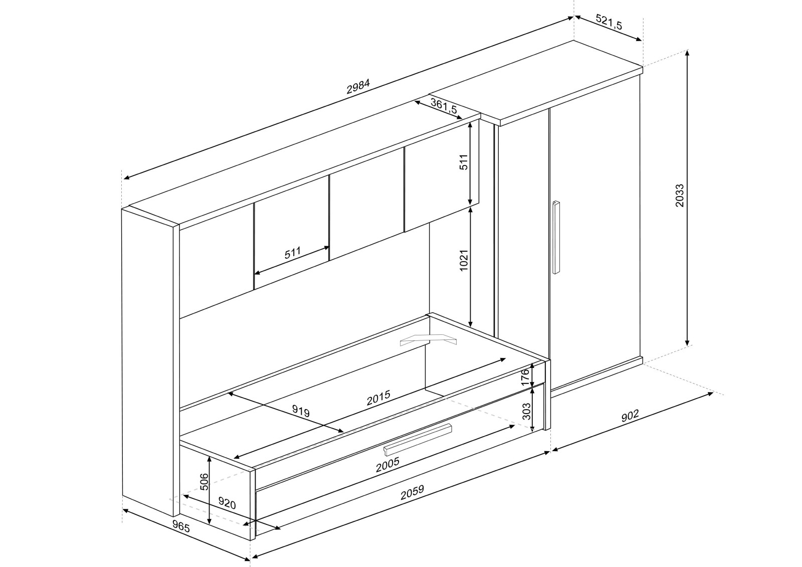 Habitación puente 90x200 con armarios y cama...