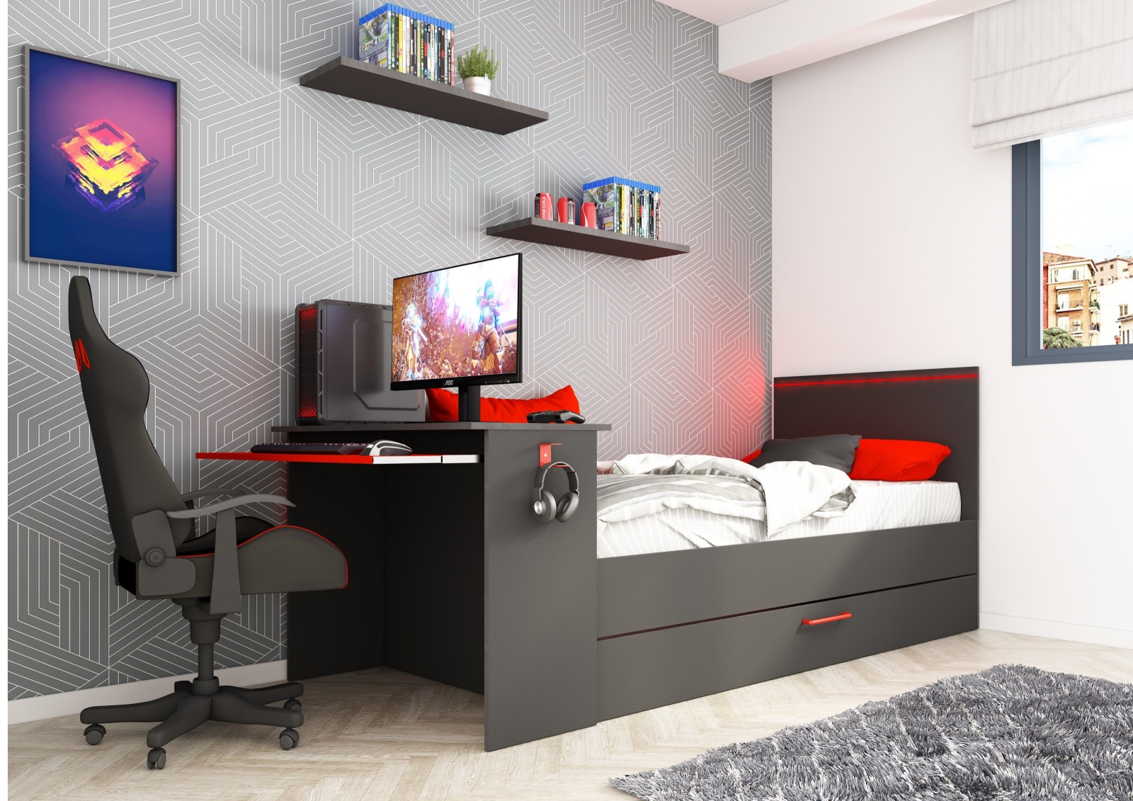 Compact bed 90x200cm with desk Bzone