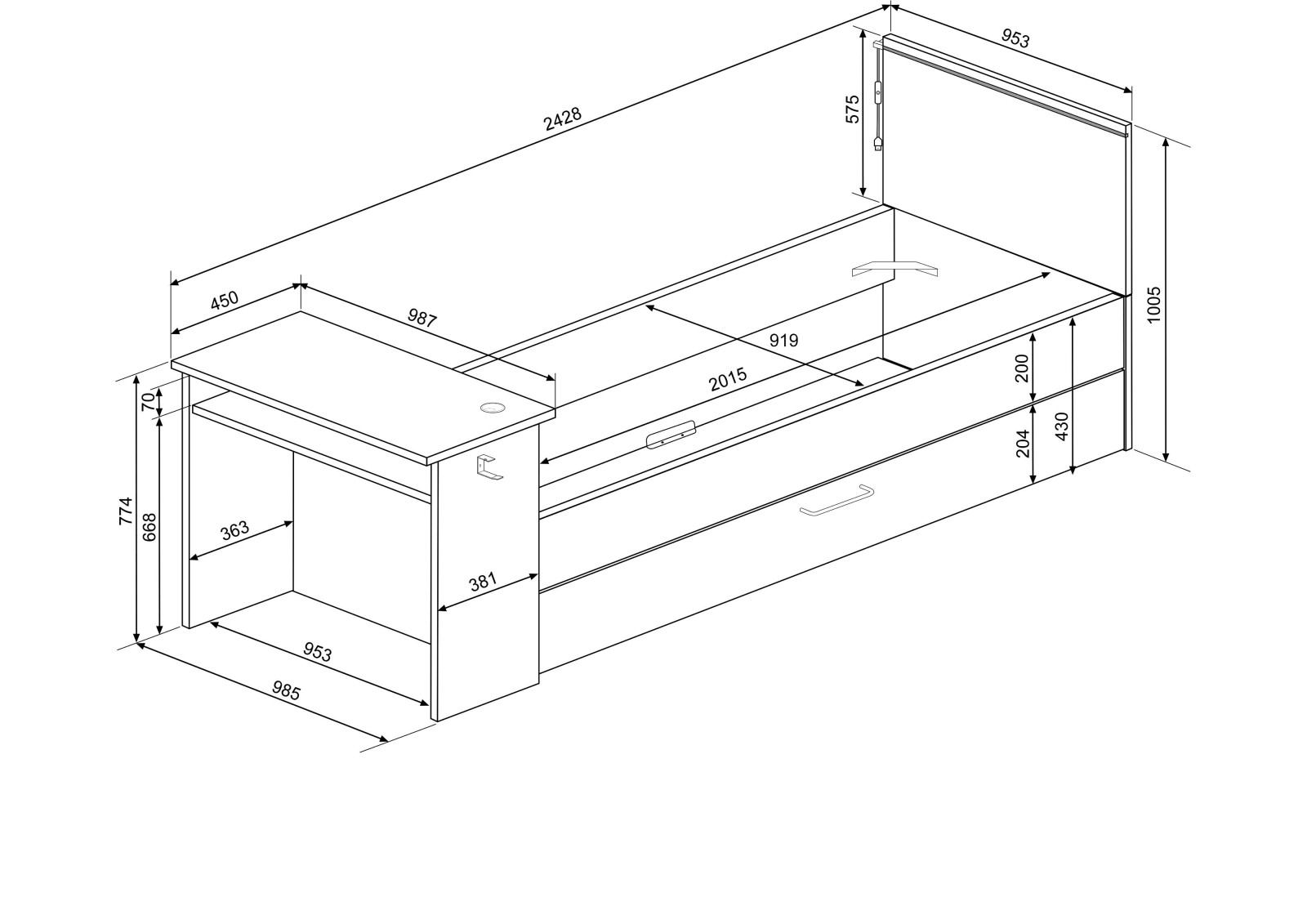 Cama nido 90x200cm con escritorio Bzone