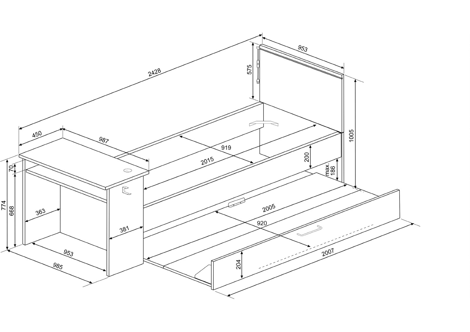 Cama nido 90x200cm con escritorio Bzone