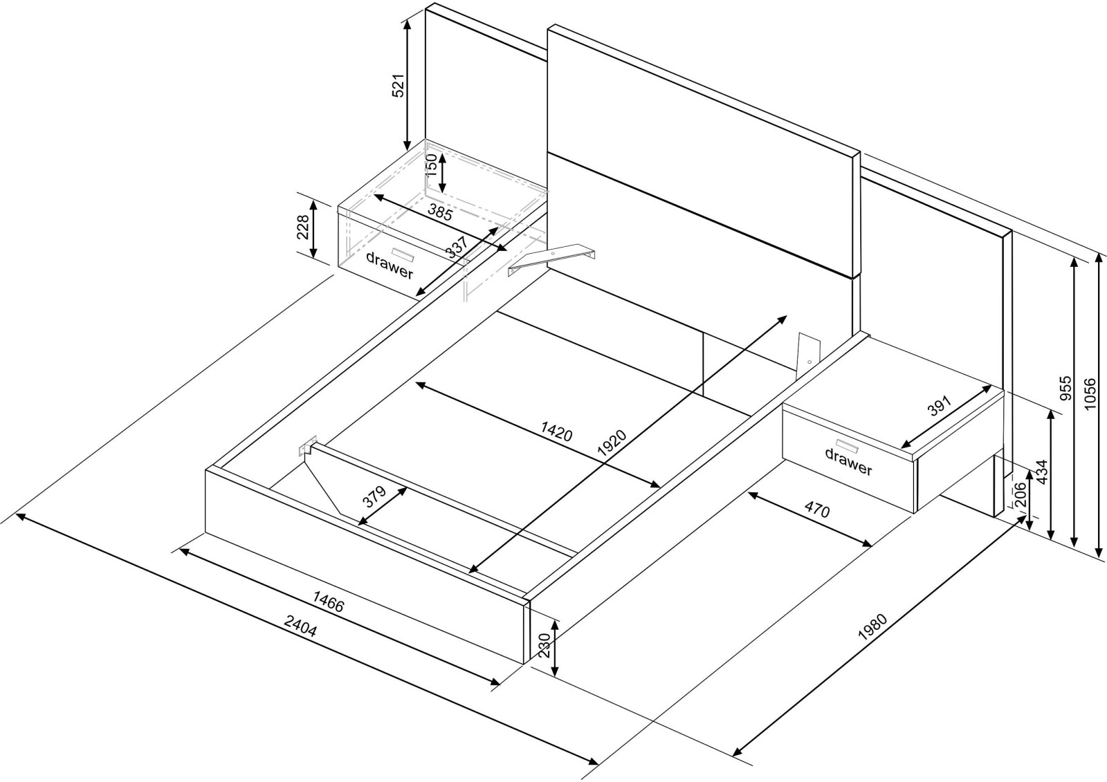 Double bed 140x190cm with nightstands. FLOAT 2