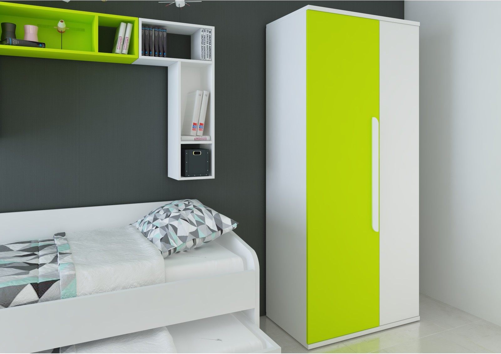 Wardrobe 2 doors white + green Bo0 - OUTLET