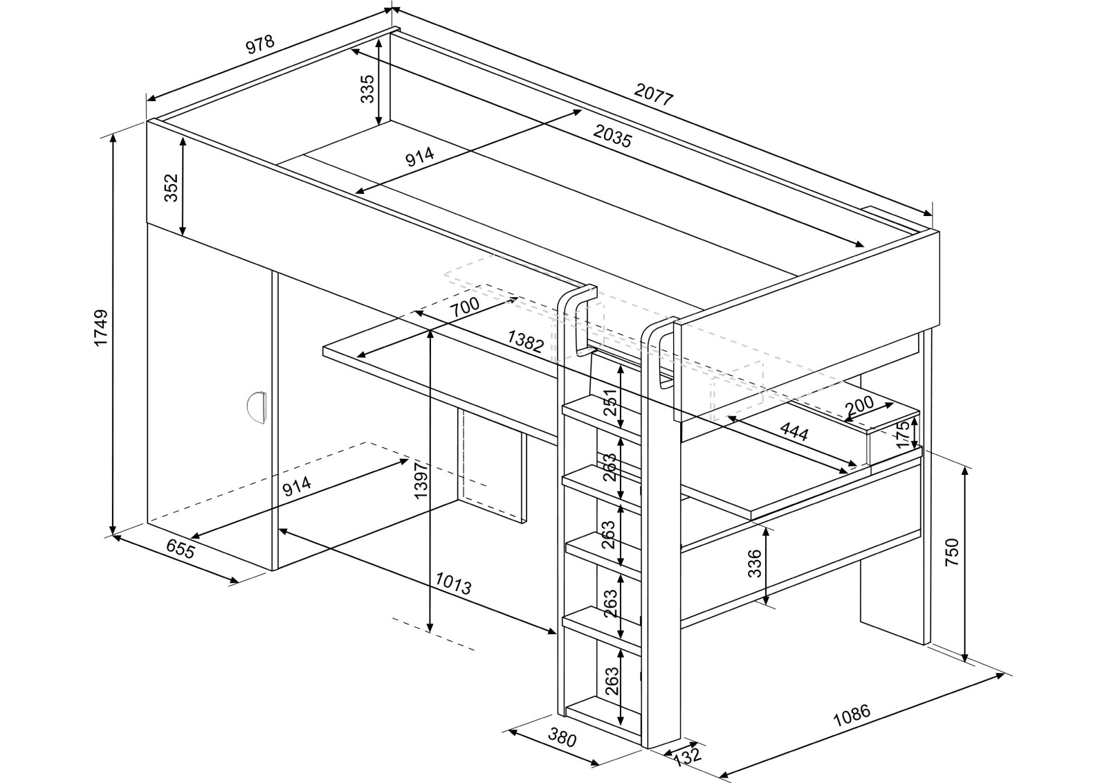 Cama estudio con armario 90x200cm FLOW