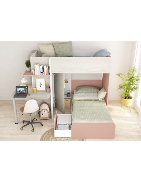 Bunkbed 90x190cm with desk, drawer and wardrobe.Palatino