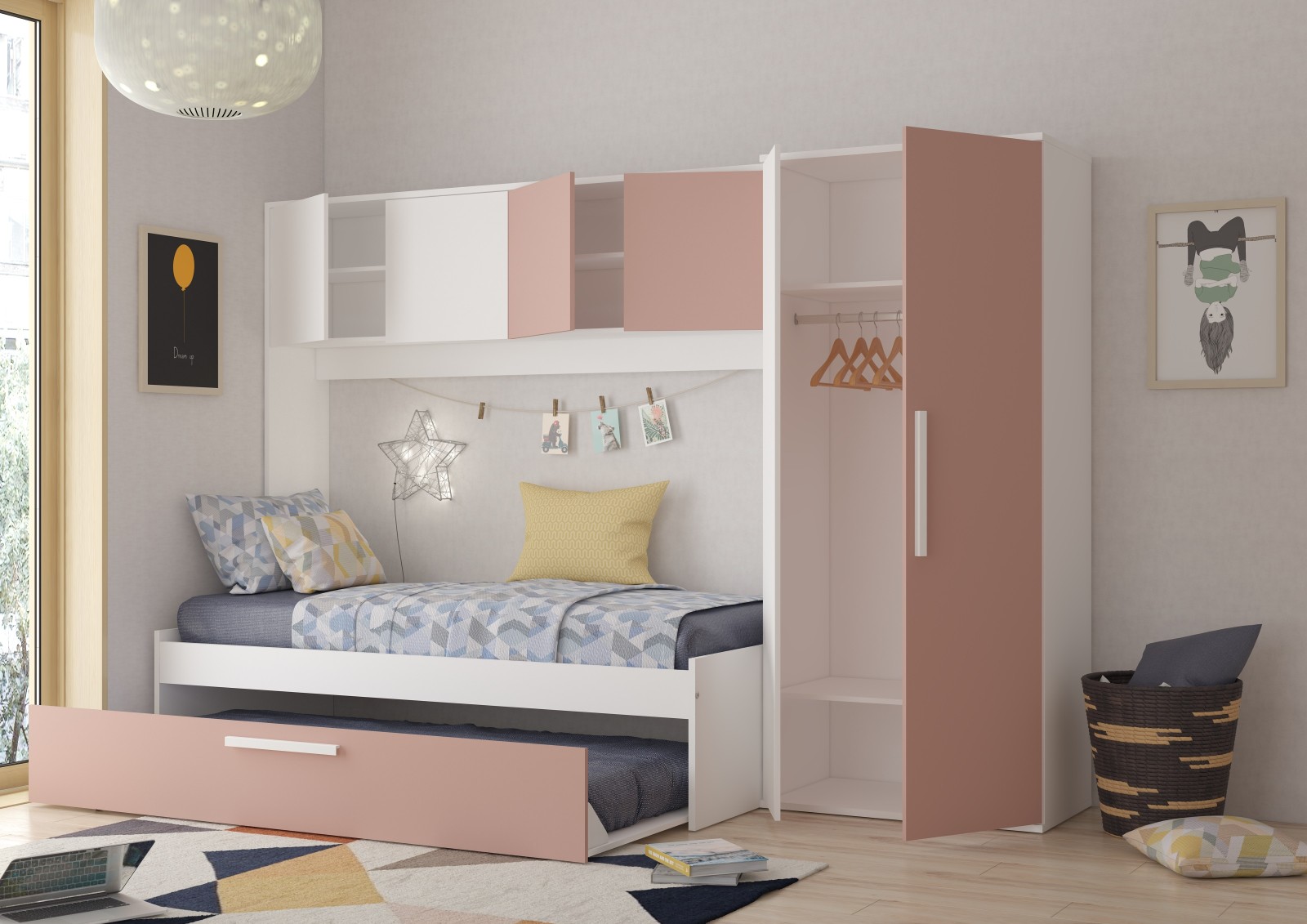 Habitación puente 90x200 con armarios y cama...