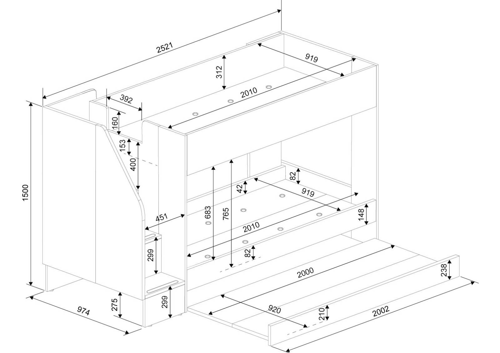 Bunk Bed with Pull-Out Bed 90x200cm Easy.