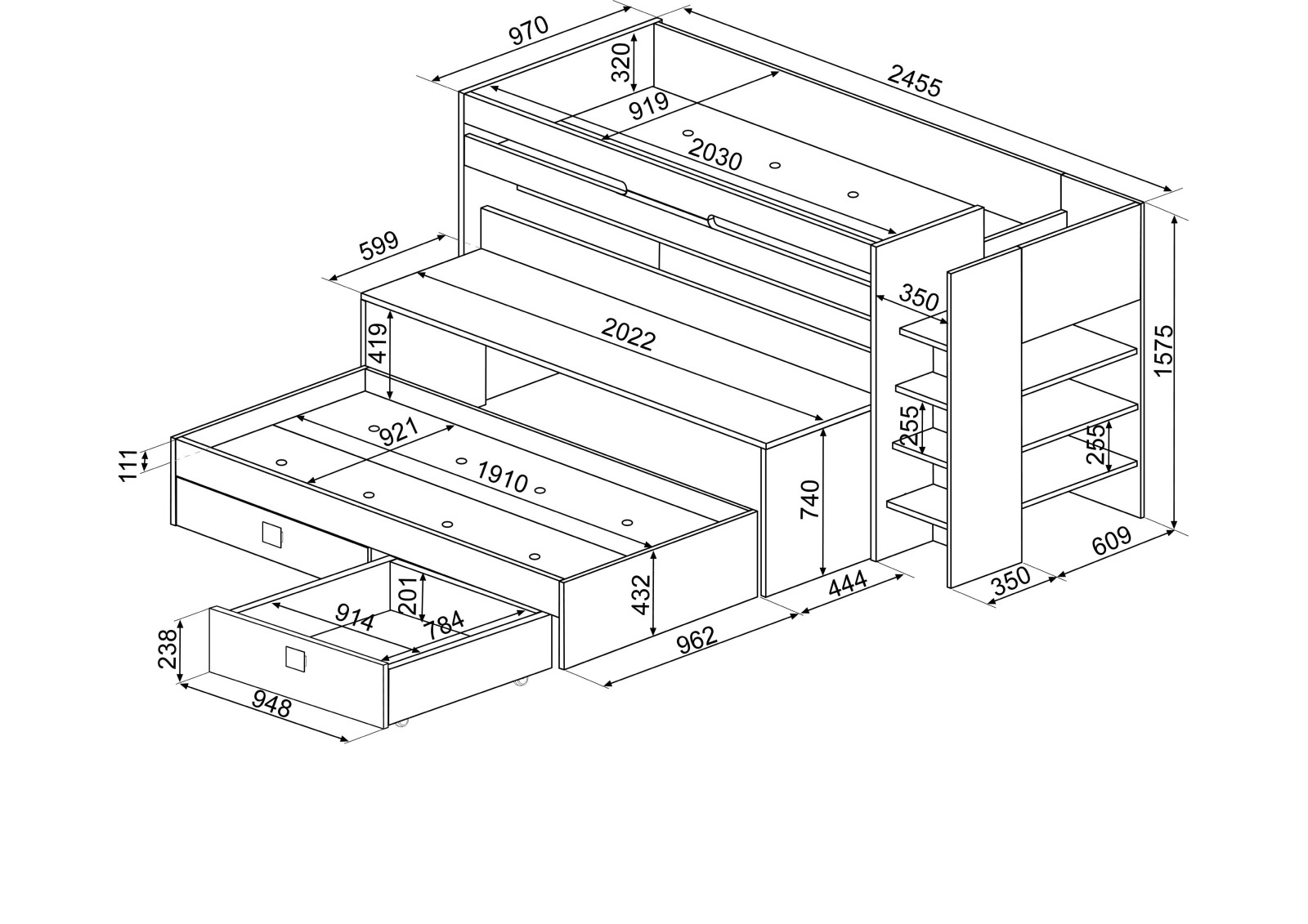 Bunk bed 90x200cm with desk and drawers Bo10