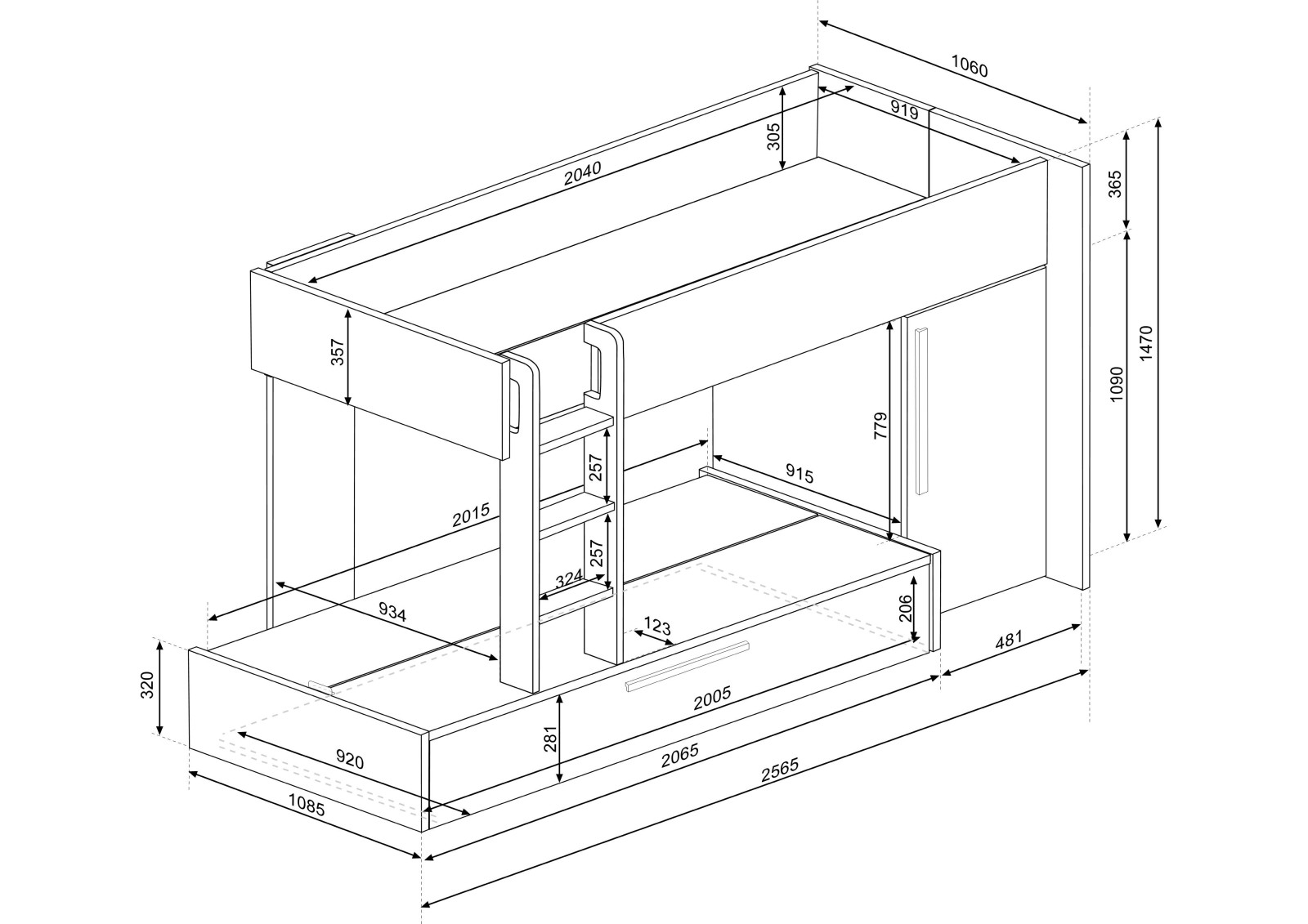 Bunkbed 90x200cm with wardrobe and pull-out bed...