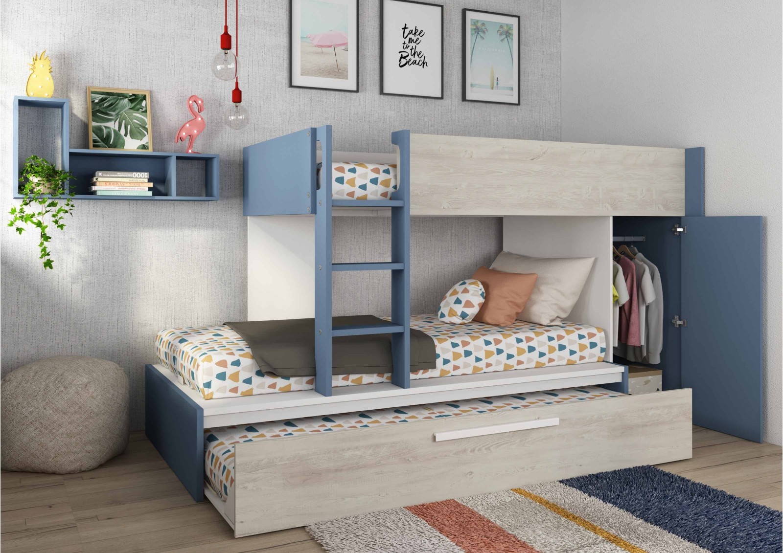 Bunkbed 90x200cm with wardrobe and pull-out bed...