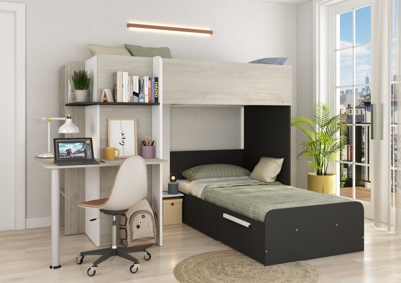 Bunkbed 90x190cm with desk, drawer and wardrobe.Palatino