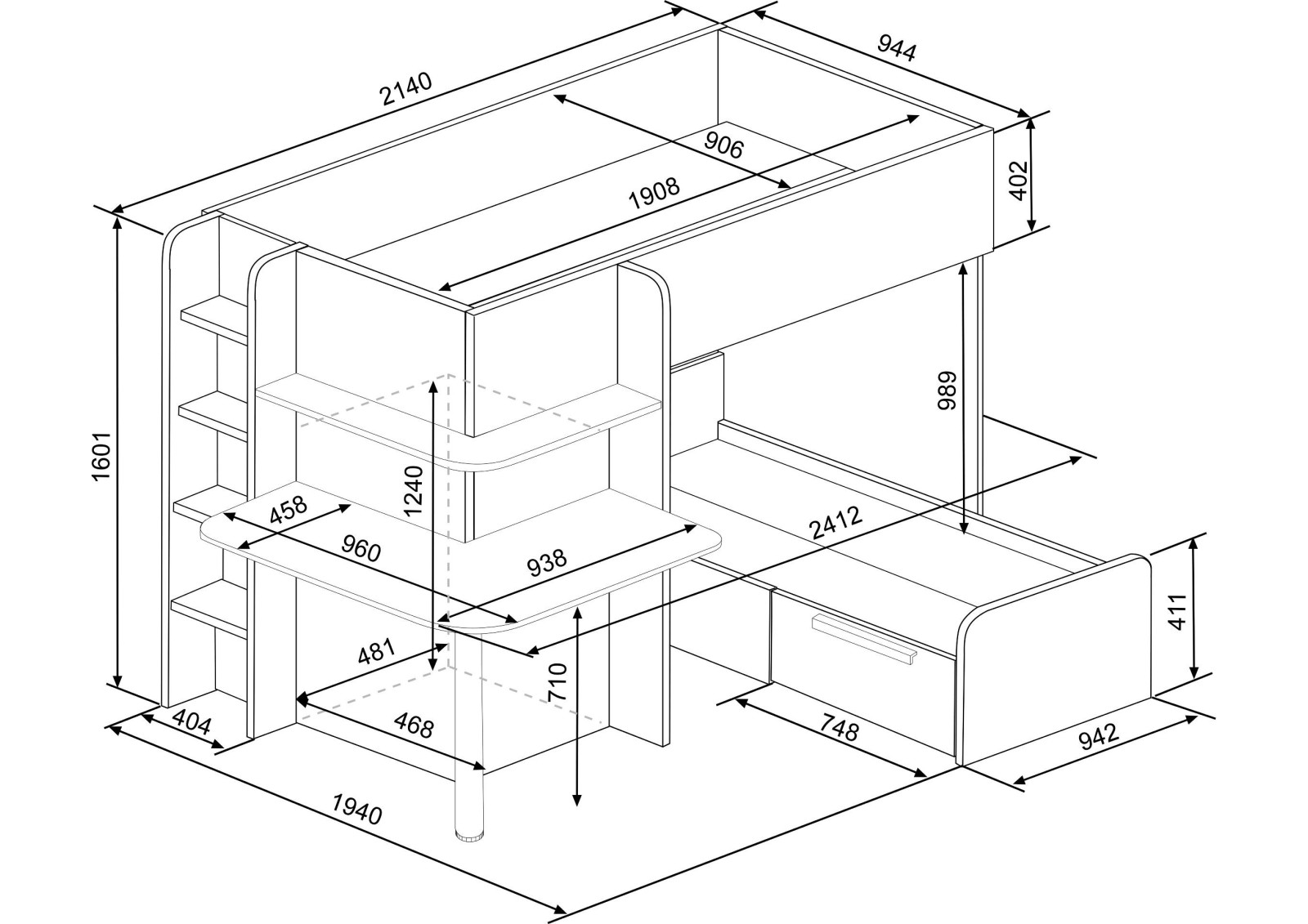 Bunkbed 90x190cm with desk, drawer and...
