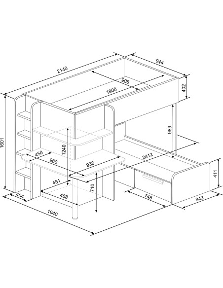 Bunkbed 90x190cm with desk, drawer and wardrobe.Palatino